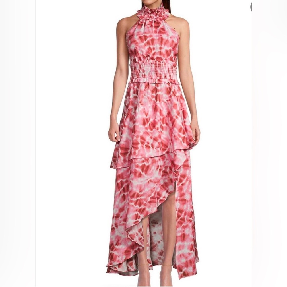 Elliatt Mckenzie Linen Red And White Maxi Asymmetrical Dress